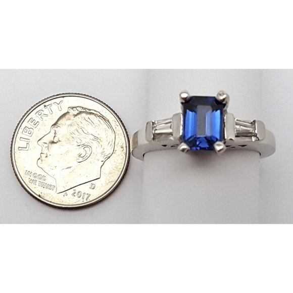 Unique 14K Solid White Gold Designer Sapphire & Baguette Diamond Ring - Size 5.5 - Picture 16 of 16